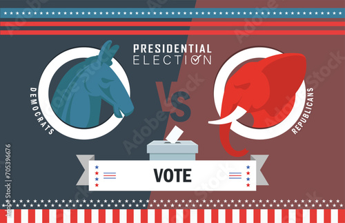 US Presidential Election Banner Background for year 2024. American Election campaign between democrats and republicans. Electoral symbols of both political parties. United States of America USA Flag.