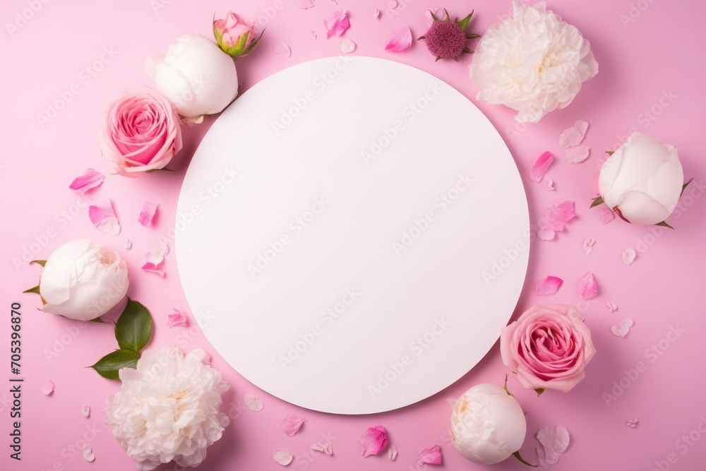 Women's Day concept. Top view photo of white empty circle flowers pink peony roses and sprinkles on isolated pastel pink background with empty space, Generative AI Women's Day concept. Top view photo of white empty circle flowers pink peony roses and sprinkles on isolated pastel pink background with empty space, Generative AI