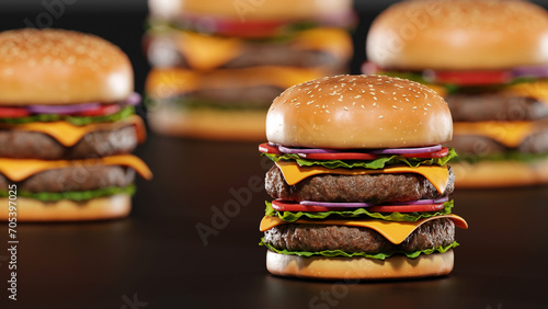 3D render focus macro of a hamburger or cheeseburger on a black background.