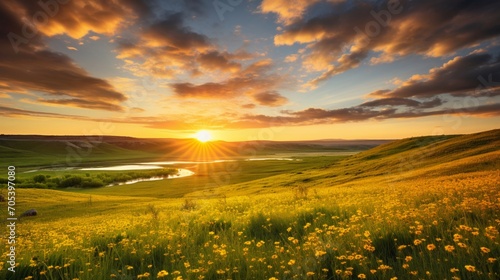 an image of a vast grassland bathed in golden sunlight with scattered wildflowers