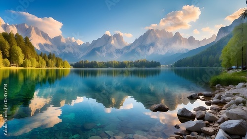 a vibrant summertime scene of Fusine Lake. Beautiful early-morning view of the Julian Alps in the Province of Udine, Italy, with the Mangart peak in the distance. Background of the traveling notionf