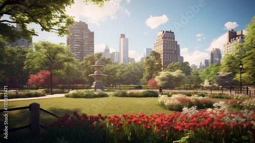 an image showcasing the elegant harmony of a city park seamlessly blending into the urban landscape
