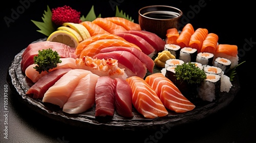 an image showcasing the exquisite colors and textures of a sushi platter with assorted sashimi
