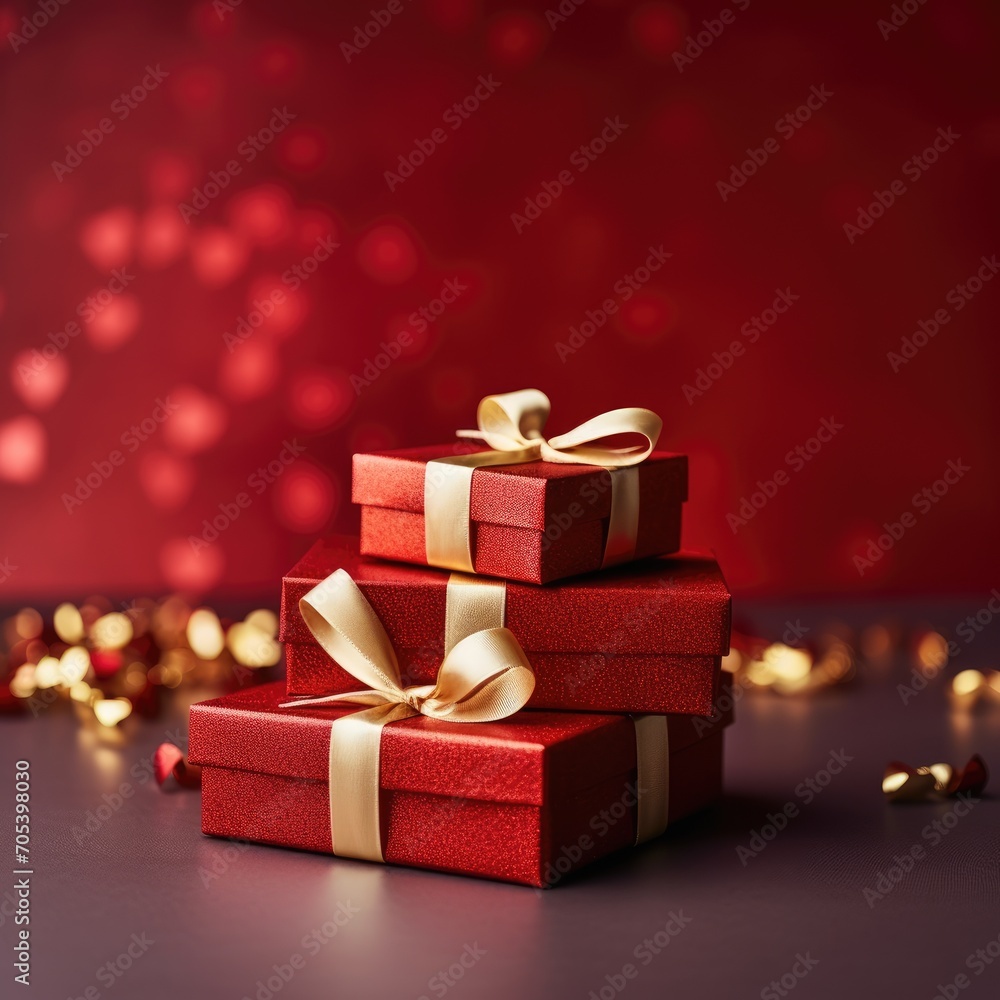 Obraz premium Red boxes with golden ribbon on red garland background. Women`s day, Valentine`s day concept, close-up, space for text