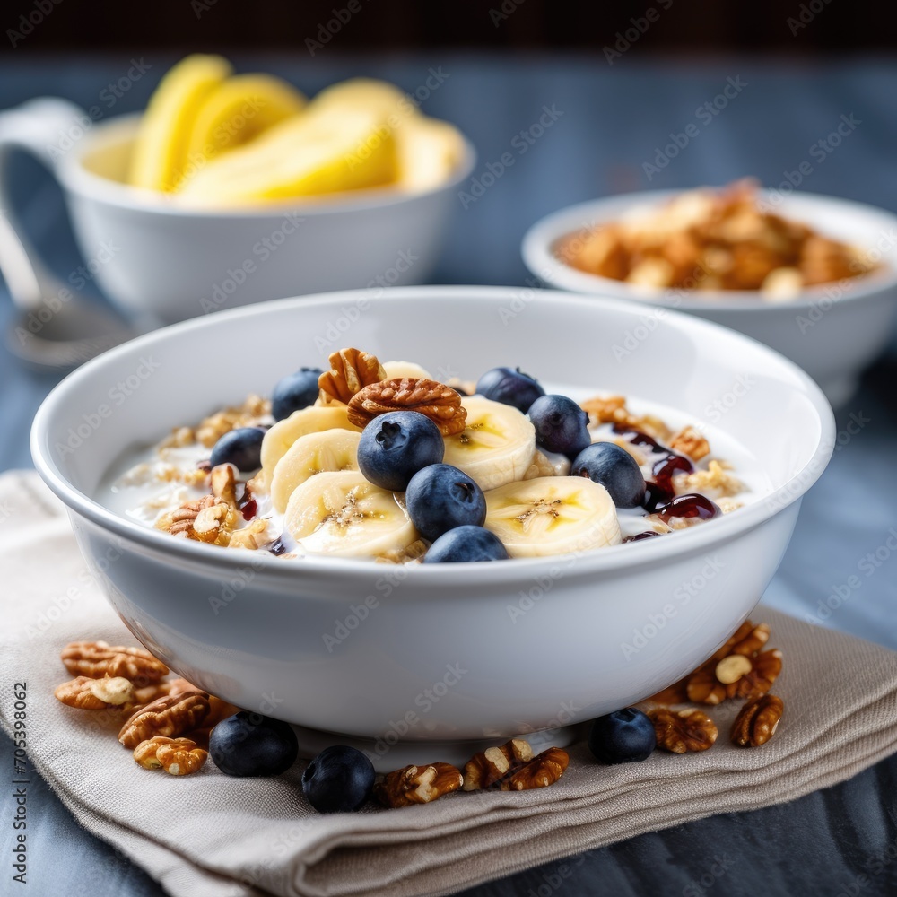 Oat porridge with blueberries, banana slices and walnuts, healthy breakfast, close-up Oat porridge with blueberries, banana slices and walnuts, healthy breakfast, close-up