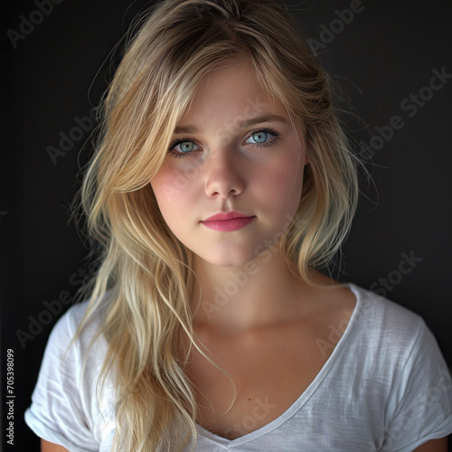 Portrait of young long-haired blond woman in white T-shirt