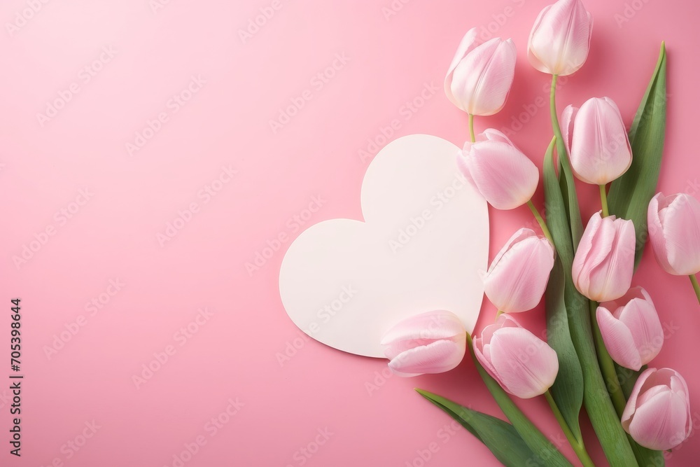 Top view photo of delicate tulip flowers, and pink paper hearts on a pastel pink background, with two empty hearts for text or advert, Generative AI 