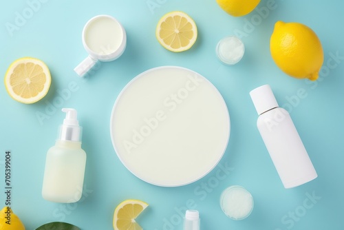 Fresh summer skincare concept. Top view flat lay of mockup cream bottles, jars, serum, pipette with lemon on pastel blue background with empty circle for text or, Generative AI 