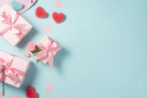 Top flat lay photo of beautiful present boxes with pink ribbon, carnation flowers with pink paper hearts on pastel blue background with empty space for text or, Generative AI  © Richa