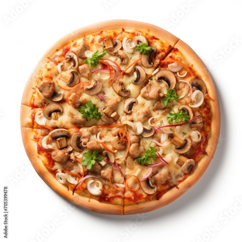 A large pizza with seafood and mushrooms on a white background.