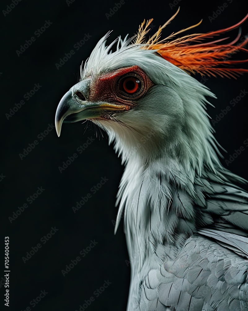 Obraz premium Portrait of Secretary Bird isolated on black AI Generative