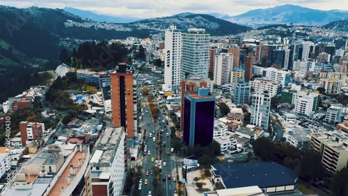 Aerial view of capital city, Ecuador. Andes mountains in the background.