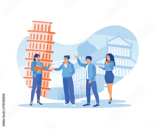 A group of tourists in Pisa, Italy. They listened to a guide's explanation about a famous monument. Tourist Guide concept. Trend Modern vector flat illustration