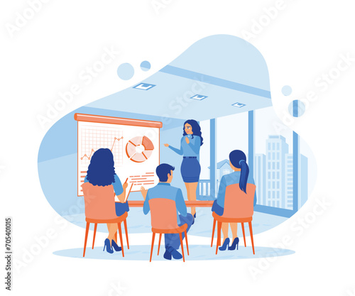  A female speaker gave a flip chart presentation to colleagues. Talk about the company business strategy and share ideas during meetings. Briefings concept. Trend Modern vector flat illustration