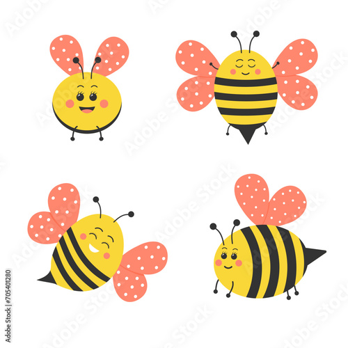 Cute bee set. Funny cartoon honeybee characters with pink wings.