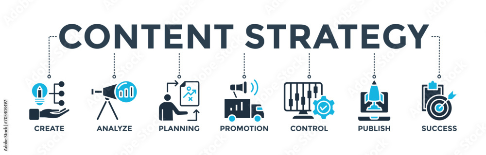 Content strategy banner concept with icon of create, analyze, planning, promotion, control, publish, and success. Web icon vector illustration Content strategy banner concept with icon of create, analyze, planning, promotion, control, publish, and success. Web icon vector illustration