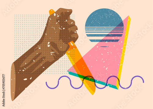Risograph Kitchen Knife in hand with geometric shapes. Scary murderer object in trendy riso graph print texture style design with geometry elements.