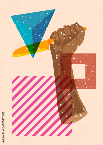 Risograph Kitchen Knife in hand with geometric shapes. Scary murderer object in trendy riso graph print texture style design with geometry elements.