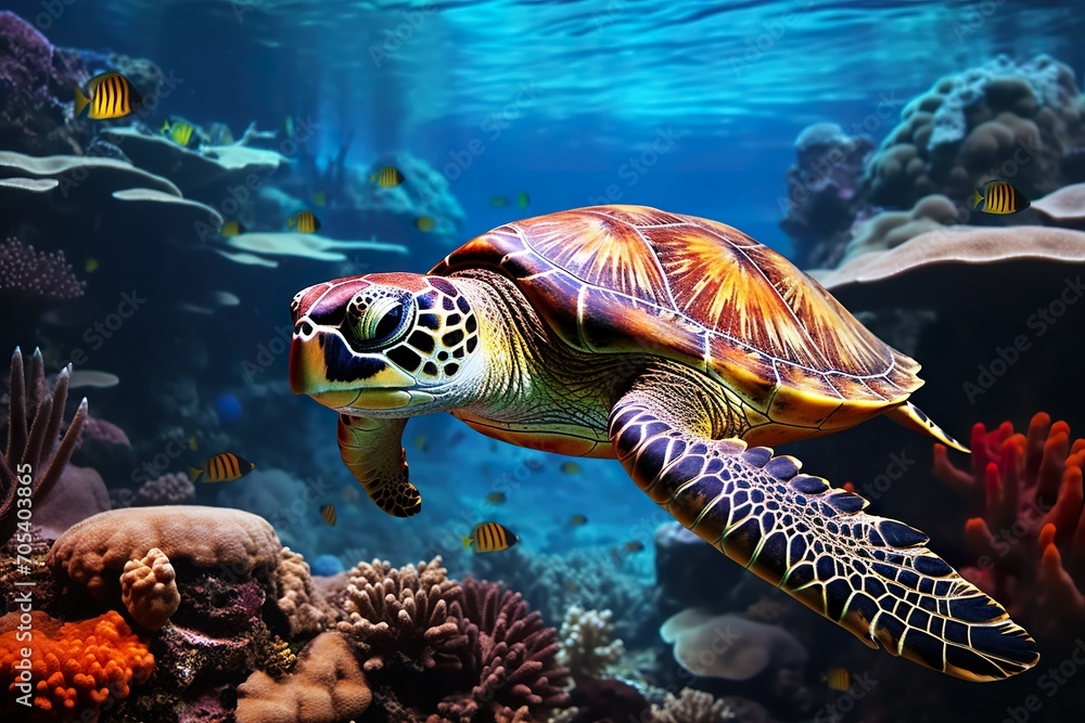 sea turtle swimming in the underwater sea , small nemo fish , colorfull coral sea turtle swimming in the underwater sea , small nemo fish , colorfull coral