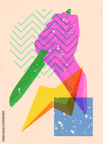 Risograph Kitchen Knife in hand with geometric shapes. Scary murderer object in trendy riso graph print texture style design with geometry elements.