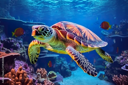 sea turtle swimming in the underwater sea , small nemo fish , colorfull coral 