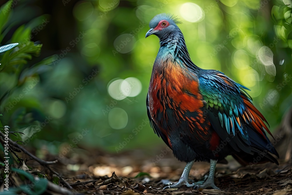 Fototapeta premium Nicobar Pigeon standing on the forest AI Generative