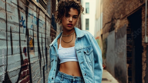 Retro Vibes Channel the 90s with a light blue cropped varsity jacket, a cropped white tank top, and cuffed boyfriend jeans for a vintageinspired look. photo
