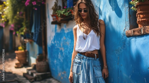 Boho vibes Channel your inner free spirit with this distressed denim long cargo skirt, white vneck tee, and rustic leather sandals for a bohoinspired look. photo