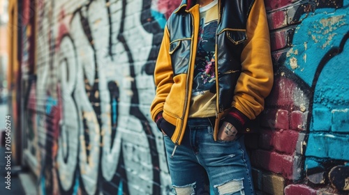 The varsity jacket, leather sleeves and all, brings a touch of old school charm to this contemporary outfit, completed with a playful graphic tee and edgy distressed jeans.