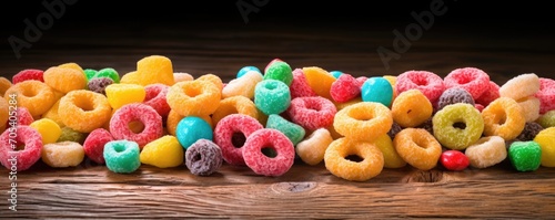 This shot depicts a mix of multicolored, sugary cereal rings playfully tered across a wooden table. The vibrant colors pop against the rustic backdrop, creating a joyful and appetizing image.