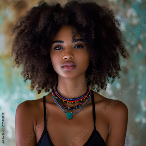 Fashion portrait of a stylish young African American woman with afro curly haircut, wearing informal singlet and colorful necklace, staring at the camera with confidence. Black History Month concept.