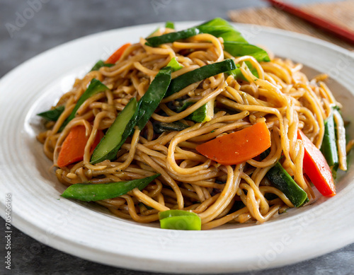 Yakisoba noodles stir-fried with vegetables in Asian style, suitable for vegan and vegetarian diets.