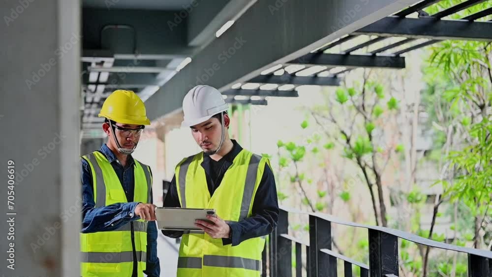 Construction Engineer team uses tablets to check details of work and record data while inspecting construction work, Inspecting progress of work for planning and management. Construction Engineer team uses tablets to check details of work and record data while inspecting construction work, Inspecting progress of work for planning and management.