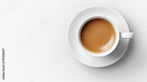 white cup and saucer with freshly brewed strong black espresso coffee with crema, isolated beverage design element, top view / flat lay. generative ai