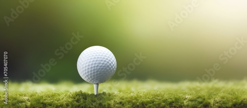 Close-up golf ball on tee with blur green bokeh background. photo