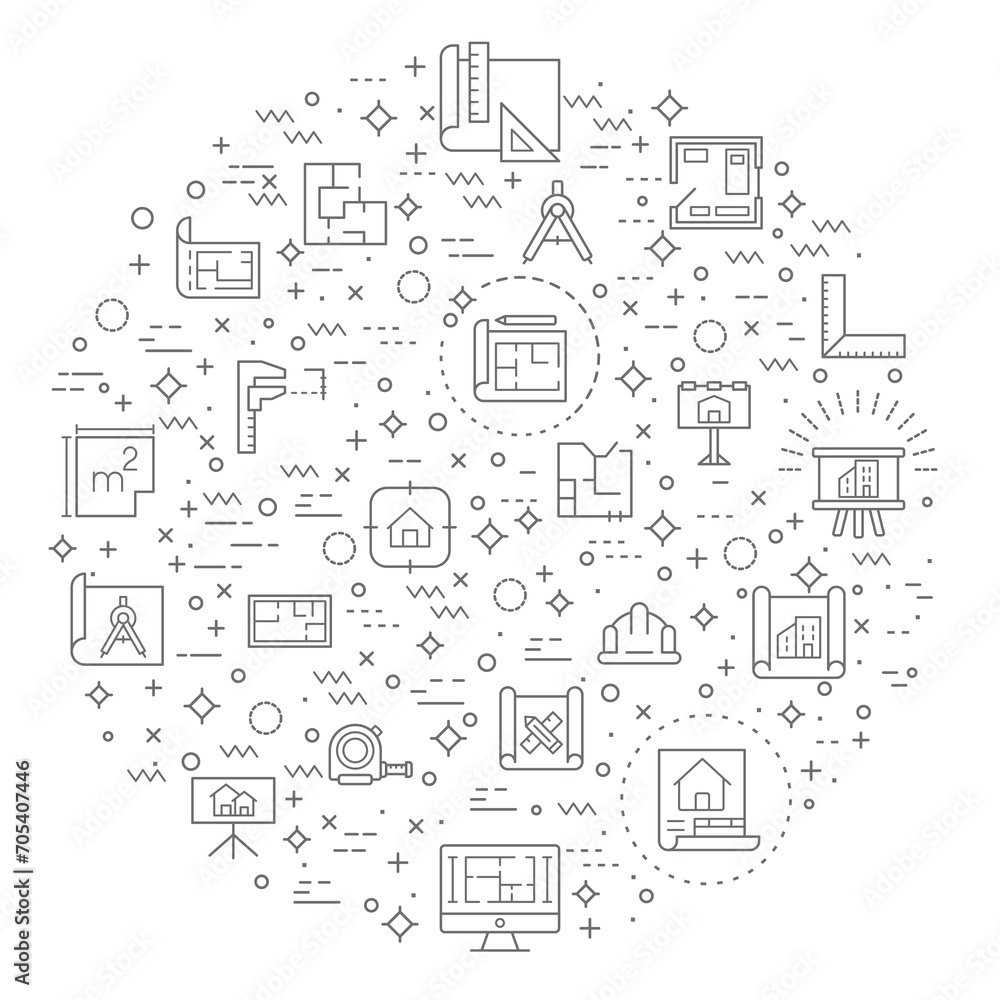 Simple Set of architecture and construction Related Vector Line Illustration. Contains such Icons as interior, real estate, building, house, plans, design, build, tool and Other Elements.