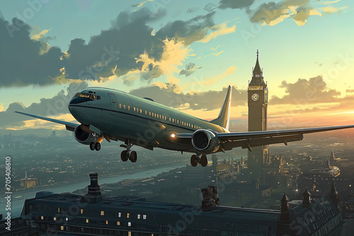 Airplane above Big Ben in London UK, cartoon illustration, travel Europe, scenic, relocation