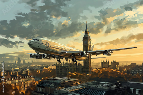 Airplane above Big Ben in London UK, cartoon illustration, travel Europe, scenic, relocation photo