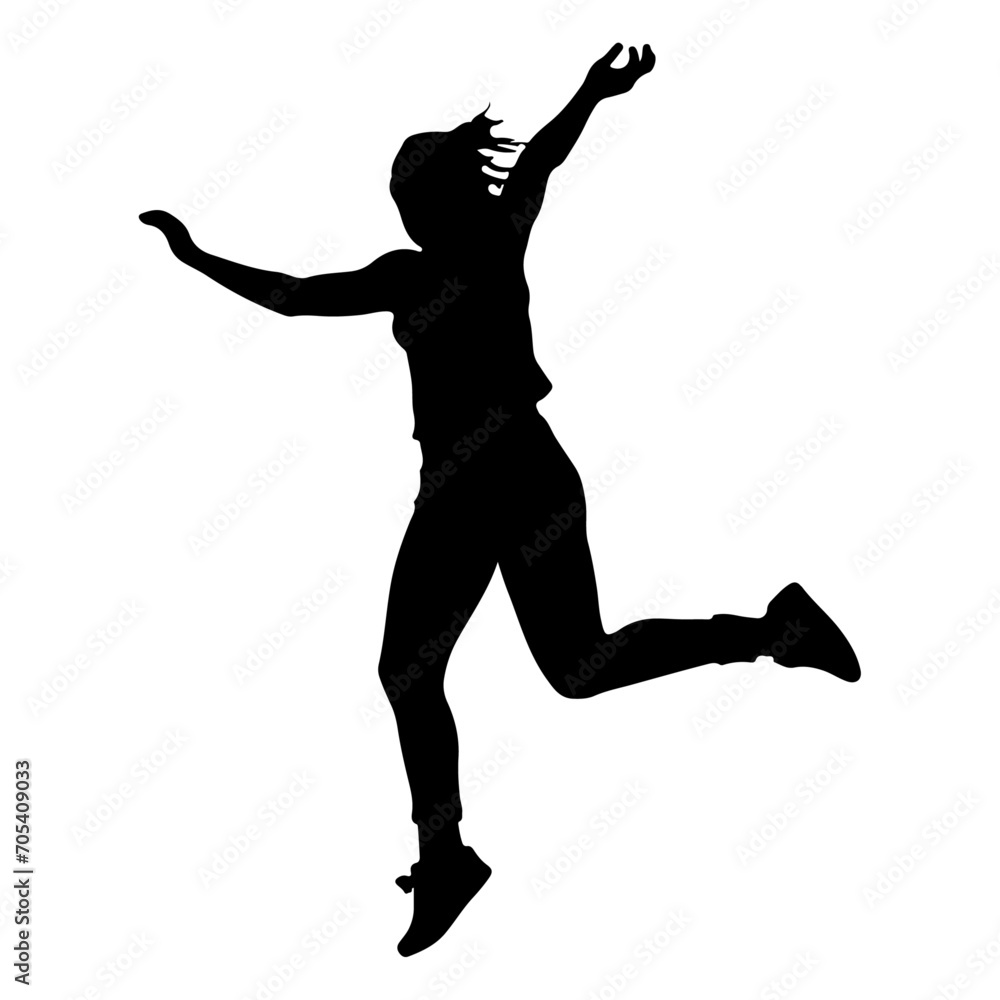 A Jumping girl on the sky vector silhouette, black color silhouette