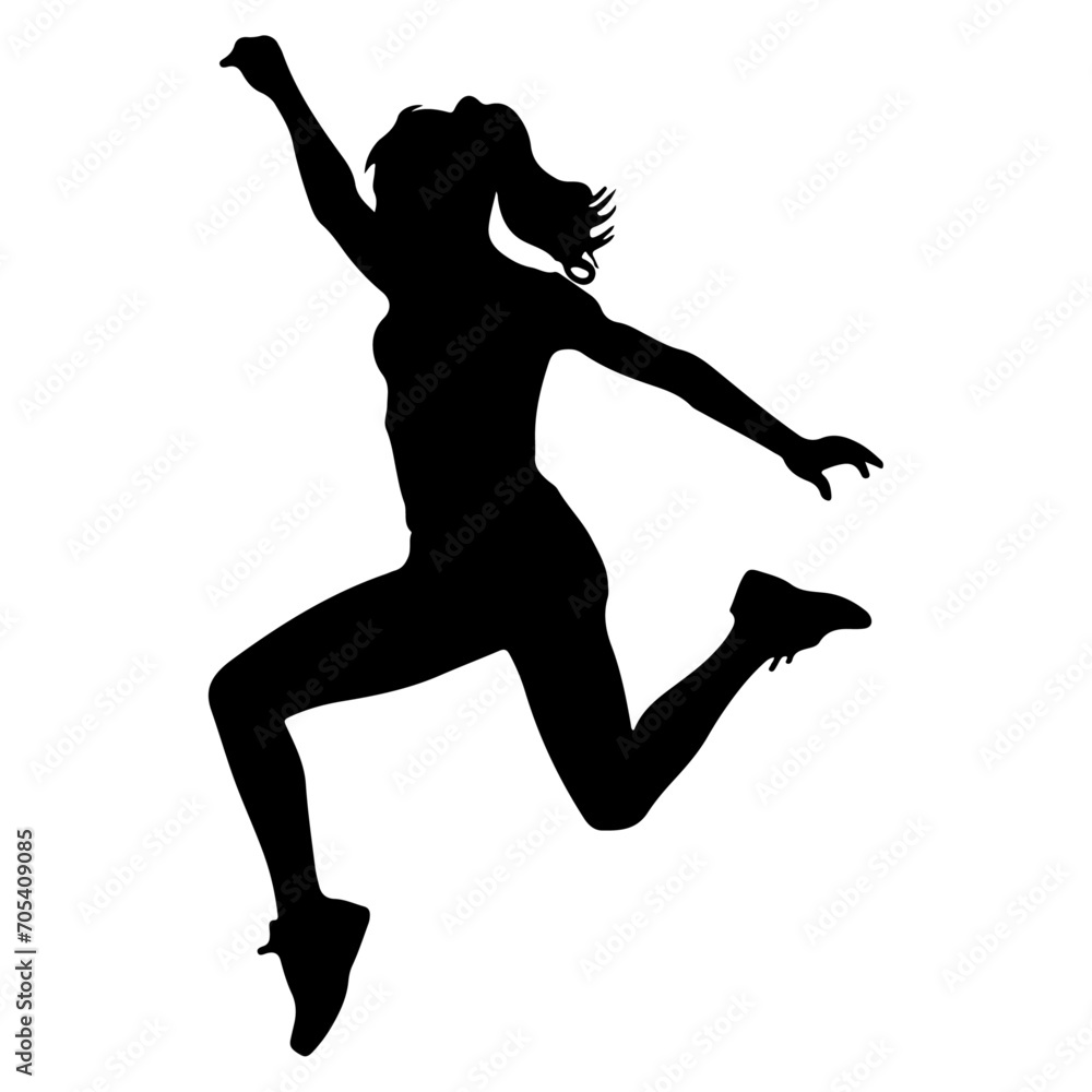 A Jumping girl on the sky vector silhouette, black color silhouette