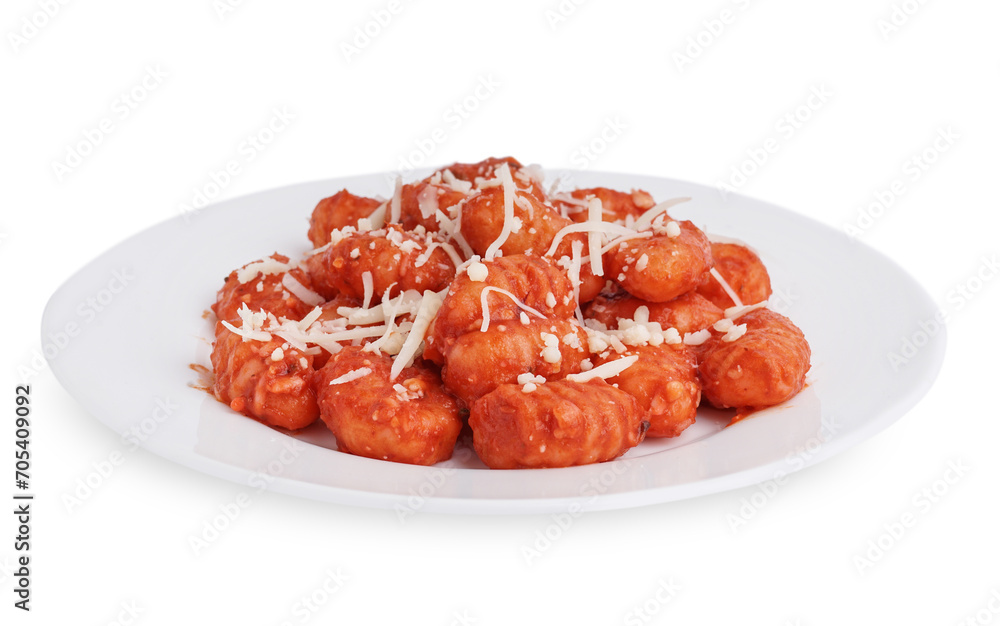 Plate of tasty gnocchi with cheese on white background