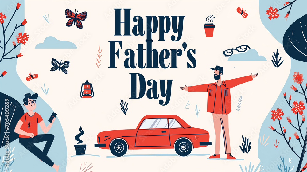 happy fathers day background, illustration drawing, red car, dad with open arms, son with mobile phone, nature, plants, flowers, butterfly, coffee, love, family, card banner, light cream backdrop