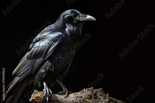 Portrait crow standing on old log AI Generative