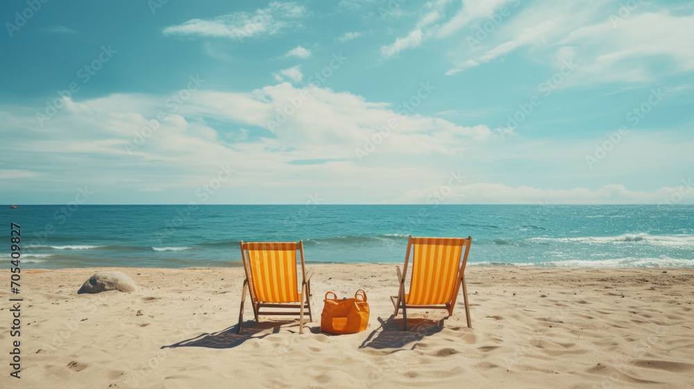 Two orange beach chairs facing the sea with a clear horizon, perfect for a relaxing summer getaway. Two orange beach chairs facing the sea with a clear horizon, perfect for a relaxing summer getaway.