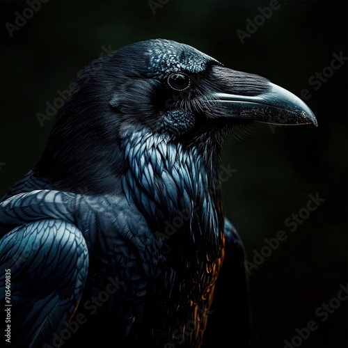 Portrait macro crow on the black background AI Generative