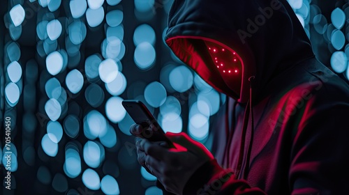 Phishing, cyber security, online information breach or identity theft crime concept. Hacked phone. Hacker and cellphone with hologram data. Mobile scam, fraud or crime. Cybersecurity infringement. photo