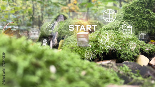 Start-up Funding Crowdfunding Investment Venture Capital Entrepreneurship Internet Business Technology Concept.Digital icons, infograpgic on green nature background