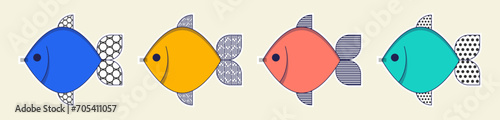 Poisson d'avril. French April Fool's Day stickers set fish. Flat style. Vector illustration.