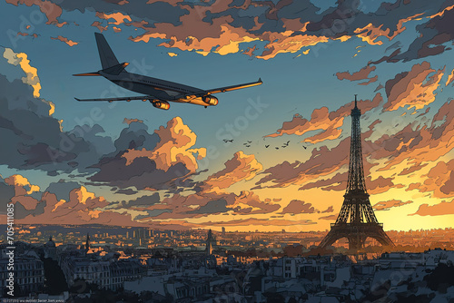 Airplane above Eiffel tower in Paris, cartoon illustration, travel Europe, scenic, relocation