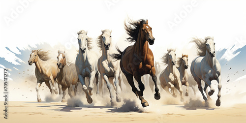 Horses running in dust isolated on a white background. 3d rendering  Horses running in different positions on a white background.